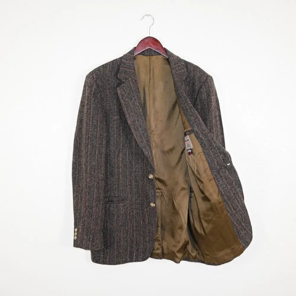 Harris Tweed 44US Scottish Wool Sport Coat Haevy herringbone Brown striped